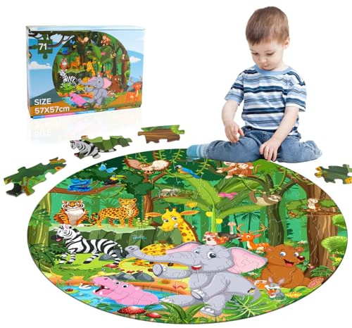 Dschungeltiere Puzzle für Kinder, 71 Teile Jungle Families Puzzle mit, Rund Bodenpuzzle ab 4 Jahre, Geburtstag Geschenke, Kinderpuzzle für Jungen Mädchen