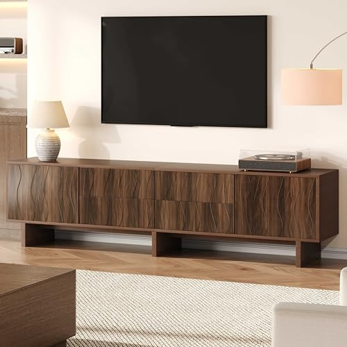 RAPRAP Mueble De TV De 180 Cm Con 4 Cajones Y 2 Puertas Para Televisores De Hasta 75 Pulgadas, Diseño Ondulado, Mueble De TV, Apto, Nogal Oscuro