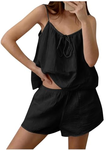 Womens Short Pyjamas Set Summer Cotton Linen Lounge Wear Sets Strappy V-Neck Cami Top and Shorts Pjs Set Sleeveless Pleated Nightwear Comfort Breathable Sleepwear Black
