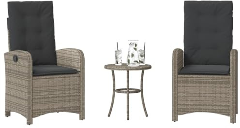 Teenpull 3-TLG. Bistro-Set Grau Poly Rattan mit 2 verstellbaren Gartenstühlen, Tisch, Kissen, wetterfestes Gartenset für Balkon, Terrasse, Outdoor, pflegeleicht, robust, Sitzgruppe