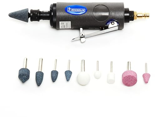 MICHELIN Coffret Meuleuse Droite - 10 Meules - 2 Mandrins - 2 Clés de Serrage - Consommation d'Air : 150-170 l/min - Pression d'Utilisation : 6 bar - Vitesse élevée de 25 000 tr/min