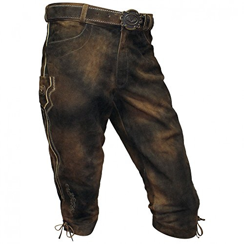 Lederhose Kniebundhose Leder braun Antik-Patina Trachtenlederhose Herren Zipp Knickerbocker Reißverschluss Wildbockleder Trachten Kniebund Wandern Hose mit Gürtel, auch für Damen