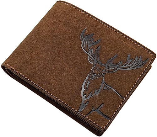 Echt Büffel-Vollleder Geldbörse / Geldbeutel / Portemonnaie / Geldtasche in Hoch- oder Querformat mit Hirsch-Motiv mit RFID & NFC Schutz in Braun (Modell 2 / Querformat / Braun)