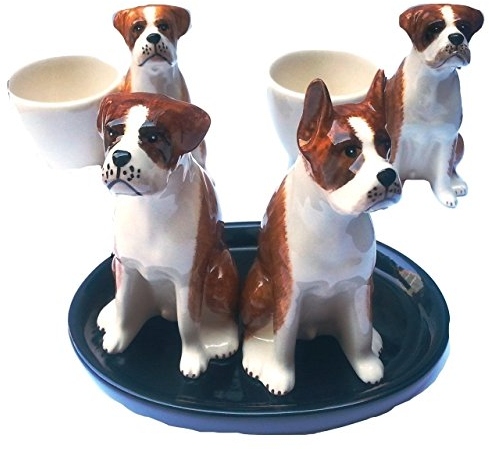 B2SEE Le Grande kit de salieres/poivieres 2 Pieces ceramique avec 2 coquetiers- 4 Pieces totales Design Chien de Boxeur Bruns