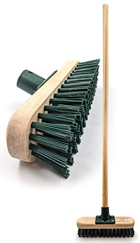 9 Stiff Heavy Duty Long Handled Scrubbing Brush Deck Broom with Wooden Handle PVC Bristles