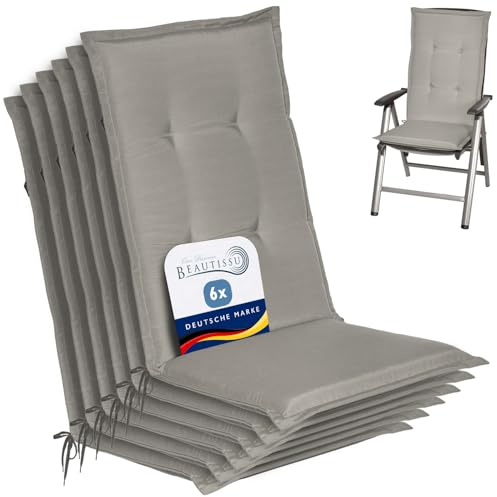 Beautissu 6er Set Gartenstuhlauflage HL für Hochlehner Gartenmöbel Füllung | 120x50x6cm Hellgrau weiche Polster Auflage Sitzpolster Sitzkissen Stuhlauflage Schaumkern stuhlauflagen garten Loft