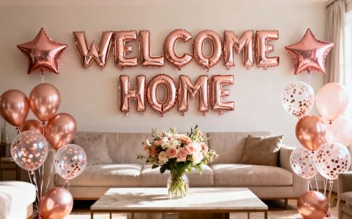 FACHY Willkommen Zuhause Banner Welcome Home Ballon mit Stern Pailletten Luftballons für Herzlich Willkommen Zuhause Baby Familie Partei Dekoration(24 Stück) (Champagner)