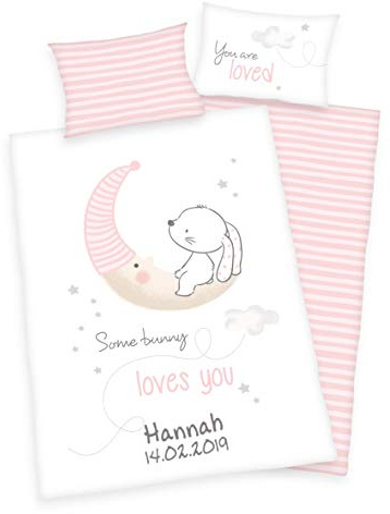 Wolimbo Baby Bettwäsche mit Namen 100x135 cm - Motiv Hase auf Mond - für Kinder Junge und Mädchen Set