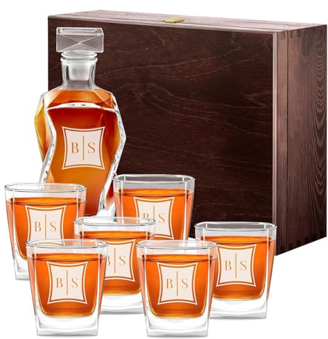 Maverton Whiskey Karaffe + 6er Whiskygläser Set mit Gravur - 700ml Whisky Dekanter - Geschenk zum Geburtstag für Männer - Weihnachtsgeschenke - Initialien