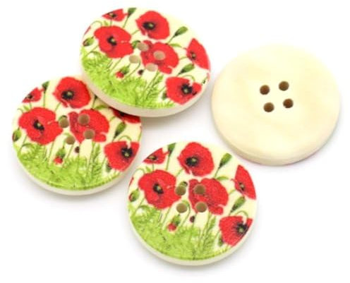 SiAura Material - 50 Stück Runde Holzknöpfe 30 mm, bunt, 4 Löcher mit Blumen Muster I Zum Nähen, Basteln und Dekorieren