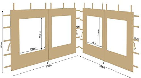QUICK STAR 2 pannelli laterali in poliestere con finestra, 300 x 195 cm, per gazebo 3 x 3 m, parete laterale beige impermeabile