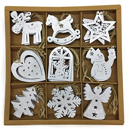 DARO DEKO Holz Dekohänger 6 x 7cm Mix 54 Stück Anhänger Weihnachtsbaum Christbaumschmuck Silber