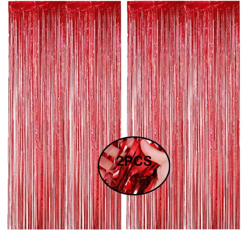AMZJIMTOP Red Tinsel Foil Fringe Curtain Party Decorations 2Pcs 3.3ft *6.6ft Metallic Tinsel Curtains Streamers Party Backdrop Foil Curtain for Birthday Party Wedding Holiday Decoration