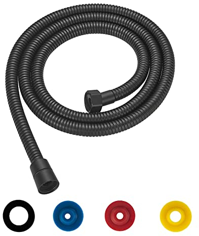 GEFIRE Tubo Doccia, Flessibile doccia in Acciaio Inossidabile (G1/2, 1,5M), Tubo Doccia Flessibile da Anti Torsione con 4 Doccia Riduttore di Flusso, Resistenza alle Alte Temperature, Nero