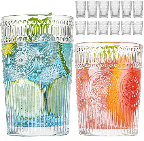 wookgreat Vintage Drinking Glasses Set of 12, Textured Clear Striped Glass Cups-6 Highball Glasses 13oz & 6 Rocks Glasses 10oz, Ribbed Glassware Set, Mojito Cups, Cocktail Glass, Iced Coffee Cup