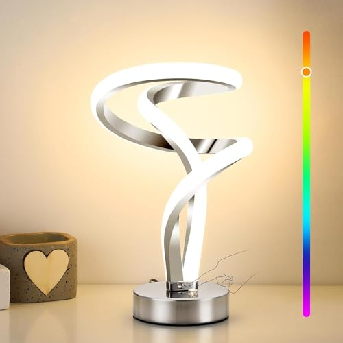 Lightess LED Table Lamp Living Room Touch Dimmable Spiral Modern Bedside | 7 RGB Light Modes, 3000K Warm White Light (stepless brightness adjustment), Nightstand, Bedroom, Silver, With Plug Cable