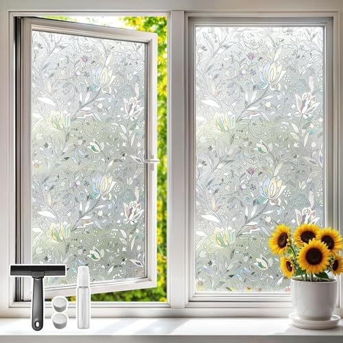 Qualsen Fensterfolie Blickdicht Sichtschutzfolie Fenster, Fensterfolie Bunt Fensterfolien Blumen Dekofolie Milchglasfolie, Statisch Haftend Anti UV für Zuhause, Küche, Tulpenmuster, 60 x 200 cm