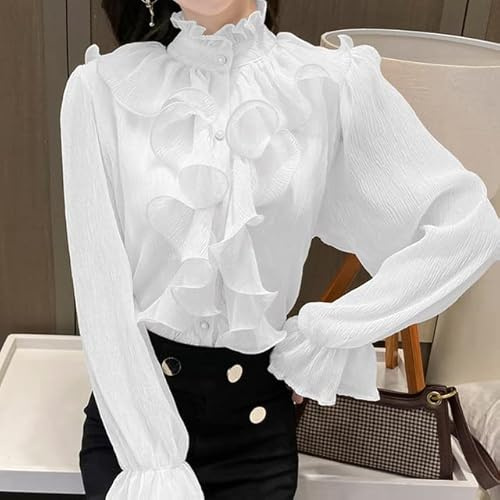 FRESQA Vintage Ruffles Elegant Lace Blouse Women Stand Collar Button White Chiffon Shirt Woman Long Puff Sleeve Loose Shirts Tops