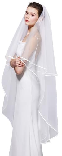 BEAUTELICATE Brautschleier Weicher Tüll Braut Schleier Doppelschicht mit Satinkante Lang Fingerspitzen Länge Elfenbein Weiß für Hochzeit Junggesellenabschied Cosplay Jga (Weiß, 65cm*135cm)