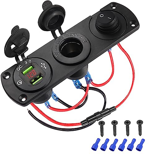 MEIRIYFA 12 V Wohnmobil-Zigarettenanzünder-Steckdose für Auto, Dual QC3.0, USB-Steckdose, Wohnmobil-Steckdose, wasserdichtes Ladegerät, vorverdrahtet, 3-in-1 mit digitalem Voltmeter/Schalter für