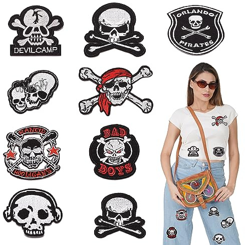 duoyif Aufnäher für Kleidung, 6-8 cm, Totenkopf, zum Aufbügeln, bestickt, Totenkopf, Aufnäher, bestickt, zum Aufbügeln, für Jacken, Jeans, T-Shirt, 9 Stück (B)
