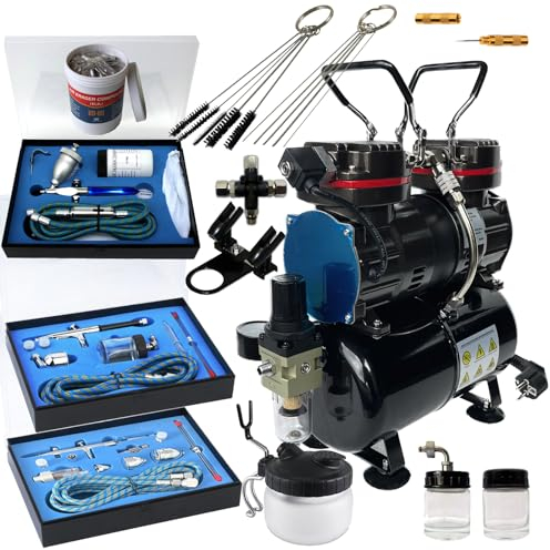 Airbrush-Set mit 4-, 6-Bar Kompressor – Komplett-Set mit Dual-Action Airbrush- & Lackierpistolen für Tattoo, Kunst, Malerei & Modellbau – inkl. Nadeln, Düsen, Manometer & Luftfilter (Airbrush Set 4)