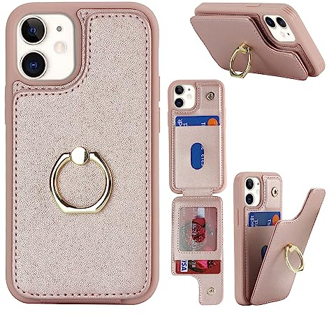 Cavor Cover Compatibile con iPhone 12 Mini,Flip Portafoglio Custodia Pelle,[4 Porta Carte][Staffa Anello Supporto],Custodia Cover Libro Case Compatibile con iPhone 12 Mini - Oro Rosa