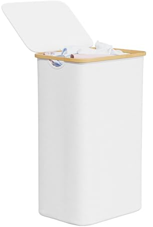 SpaceAid Wäschekorb mit Deckel 110L, Großer Hoher Wäschekorb Faltbar mit Bambusgriffen für Schlafzimmer, Badezimmer, Schlafsaal, Waschküche - Weiß
