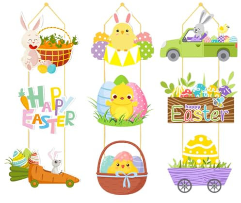 HOLIDYOYO 3 Stück -Türschild Zum Aufhängen Frühlings-Haustür-Dekoration Papier Buntes Osterei Türhänger Osterhase Willkommensschild Huhn Kaninchen Wandschild Girlande