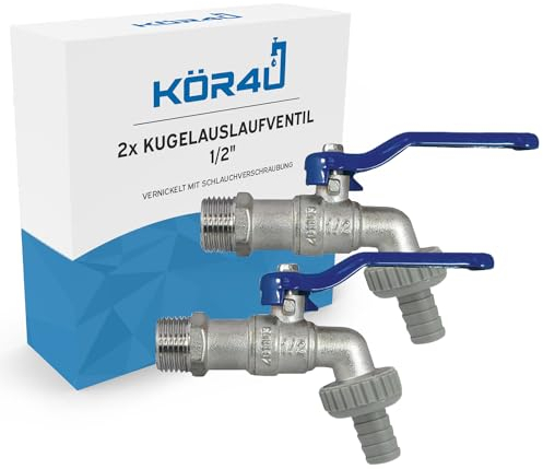 kör4u 2x Kugelauslaufventil 1/2 Zoll, Messing, vernickelt, Gartenwasserhahn, mit Schlauchverschraubung, geeignet für Haushalt-, Gartenbereich