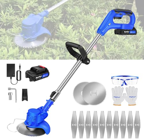 Kantenschneider Rasen 21V Akku Rasenkantenschneider für Garden, Elektrisch Rasentrimmer Akku Motorsense 2 in 1 mit 2X Akkus, 1x Ladegerät, 10x Metall Messer, 2X Kreissägeblatt und Teleskopstange