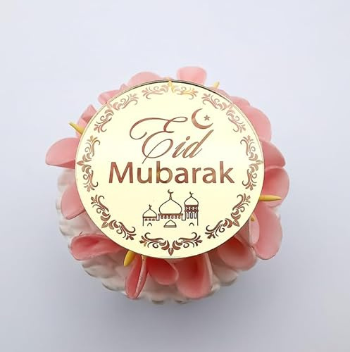 EID Mubarak Cupcake Toppers Engraved Discs - Iftar Party Cupcake Toppers - Ramadan Kareem Cupcake Toppers - Acrylic Mirror Cake Toppers - Pack of 6