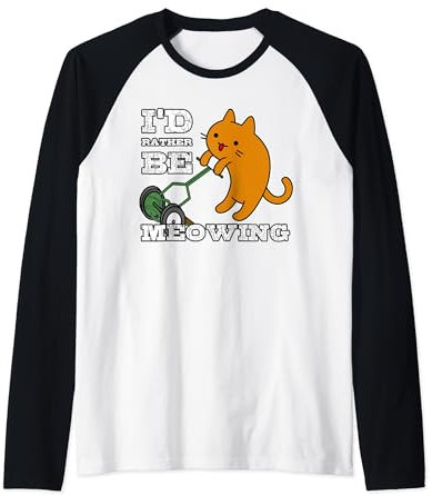 Cartoon Cat, Reel Mower, I'd Rather Be Meowing, Mowing Pun Raglan Baseball Tee