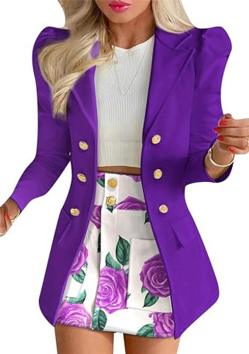 OMZIN Femmes Double Breasted Notched Lapel Pocket Blazer Jupe à Taille Haute Set Formelle à Manches Longues 2 Pièces Tenues Lila S