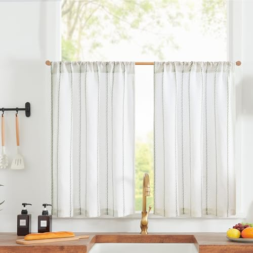 TOPICK Küche Scheibengardinen H 90 x B 65 (cm) 2er Set Gestreifte Leinen Küchengardinen Bauernhaus Fenstergardinen Kurz für Wohnzimmer Badezimmer Wäscherei Halbfenster Vorhänge Licht Filtern Grün