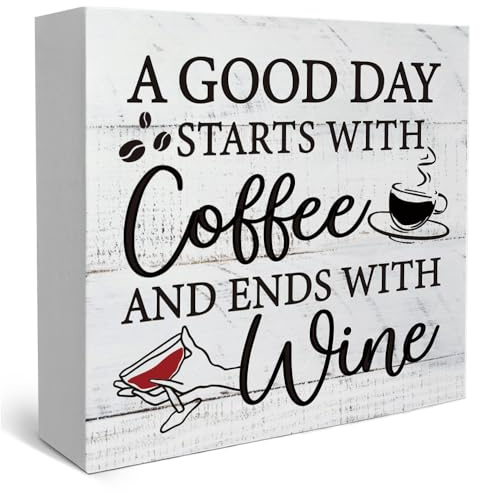 Funny Rustic Wooden Sign Coffee And Wine Desk Decor Sign, A Good Day Starts with Coffee and Ends with Wine Signs for Farmhouse Home Kitchen Office Bar Tabletop Desk, Wooden Accessories for Family Friend Coworker