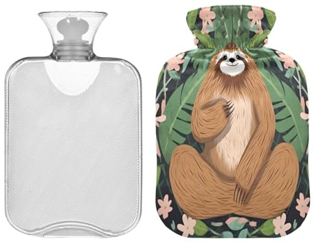 SKYSHU Faultier-Wärmflasche, transparent, auslaufsicher, waschbar, hitzebeständig, Wasserflasche mit weichem Plüschbezug, für Menstruationskrämpfe, Nacken- und Schulterschmerzen, 2 l