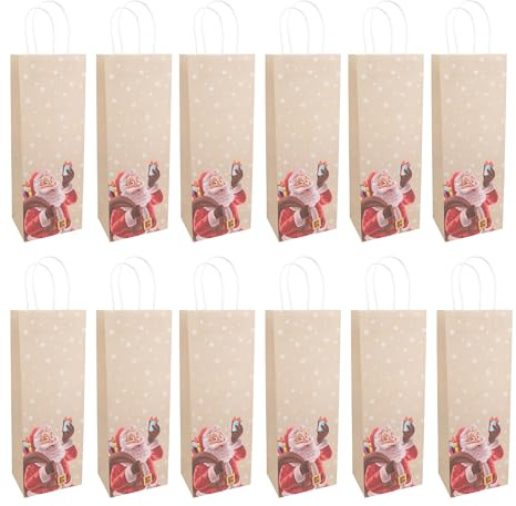 Idena 30511-12 - Flaschentaschen Weihnachten Santa, 12 Stück, Geschenktaschen in der Größe 12 x 9 x 36 cm, Papiertüten Weihnachten, Wichtel mit Weihnachtsbaum