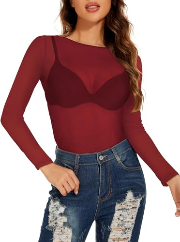 florynova Womens Mesh Tops See Through Sheer Stretchy Long Sleeve Blouse Slim Fit Shirt(Wine Red,S)