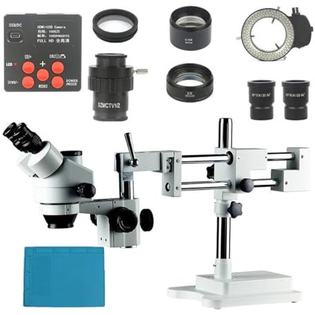 SBCGFY Microscope Accessories Kit Boom Stand Simul-Focal 3.5X-90X Zoom Microscope Set + 21MP HDMI Camera + 144 LED Light For Jewelry Inspection PCB Soldering Microscope Slides(A A)