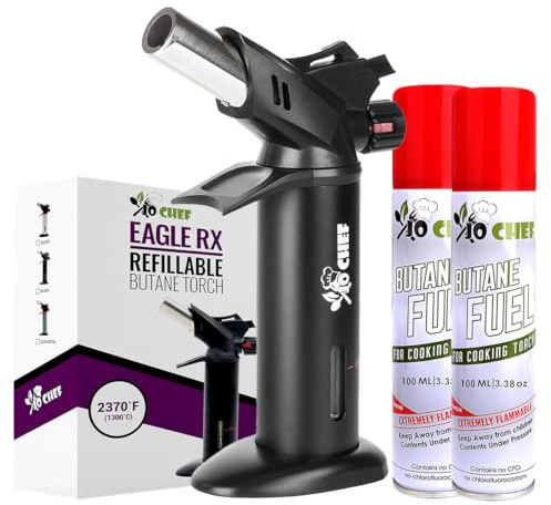Jo Chef Eagle RX Culinary Crème Brûlée Torch – Butane Blow Torch with Safety Switch, Adjustable Flame, Fuel Gauge and Hand Shield for Crème Brûlée, BBQ, Searing & DIY – 2 cans (3.38oz) Included