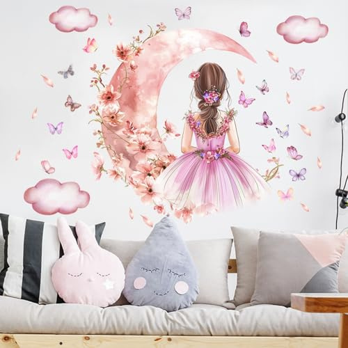 Schmetterling Mädchen Wandaufkleber | Mond Wolken Blume Fee Wandabziehbild, Schmetterlinge Wandkunst für Mädchen Baby Kinderzimmer Schlafzimmer Spielzimmer- Rosa