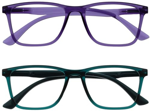OPULIZE NYX Gafas de Lectura de Bloqueo de Luz Azul para hombre y mujer, Lentes Antideslumbrante para ordenador - Paquete de 2 - Protección UV - Morado Turquesa - + 1,00