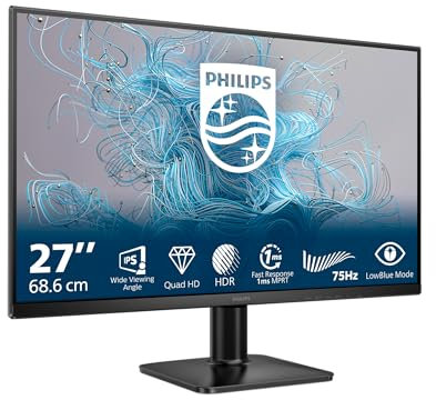 Philips 27E2N1500L 27 Inch QHD Monitor, 75Hz, IPS, 1ms MPRT, Adaptive Sync, HDR10, (2560x1440,HDMI 1x1.4,DP 1x 1.4) Black