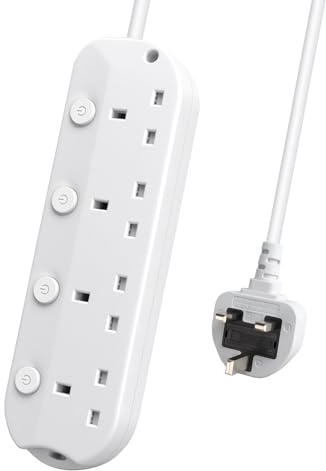 EXTRASTAR Extension Lead with Individual Switch, 4 Way 1M Extension Cable, Wall Mounted Multi Socket Plug Power Strip White