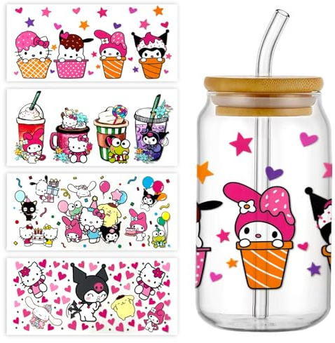 Garetheora 4Sheets Cartoon UV DTF Cup Wrap Transfer Stickers for 16oz Glass Cups, Rub on Transfers for Crafts Cup Decal Stickers (E)