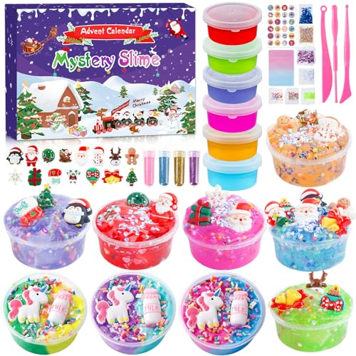 Slime Adventskalender 2025 Kinder, Schleim Adventskalender 2025, 24 Tage Countdown Weihnachtskalender 2025 mit Schleim Spielzeug Set in Verschiedenen Texturen für Mädchen Jungen Teenage