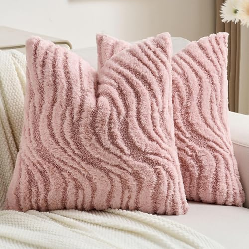 Ystyle 2er Set Kissenbezug 40x40 cm Weich Plüsch, Dekorative Kissenhülle mit 3D Wellenmuster, Modern Felloptik Deko Kissenbezüge für Sofa Couch Bett, Waschbar und Haustierfreundlich, Rosa