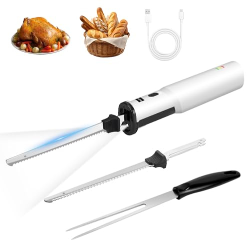 PAHTTO Coltello elettrico 8 V, coltello da cucina elettrico senza fili con 2 lame affilate in acciaio inossidabile e forchetta, blocco di sicurezza, per tagliare tacchino, carne, pane, verdura, pesce
