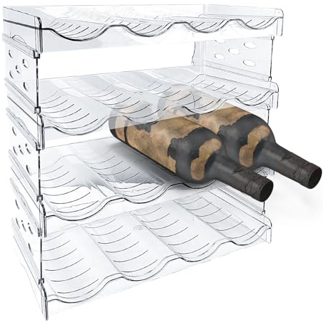 Wholesoukyii 4 Livelli Porta Bottiglie Frigorifero, Contiene 16 Bottiglie, in Plastica, Portabottiglie Frigo Impilabile, Rimovibile, Adatto per Bottiglie, Bevande, Bicchieri (Trasparente)